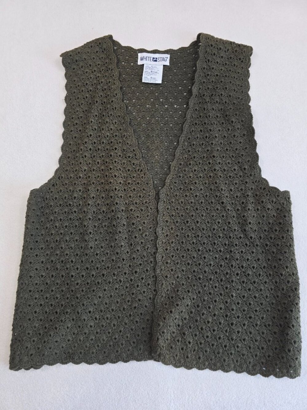 Boho Crocheted Open Front Vest Olive Green Sleeveless Large Cottage Core